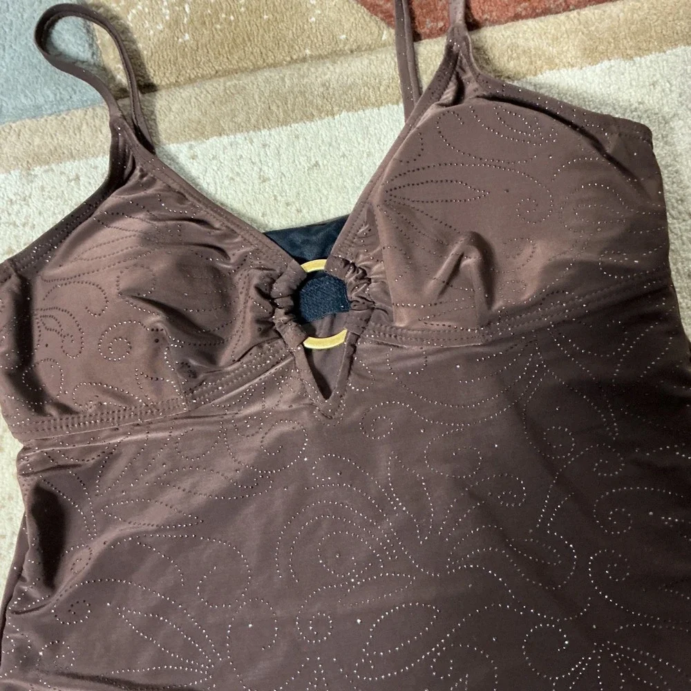 Ocean Dream Glitter Swirl Tankini Swim Top Womens 8 Brown Gold Ring Adjustable